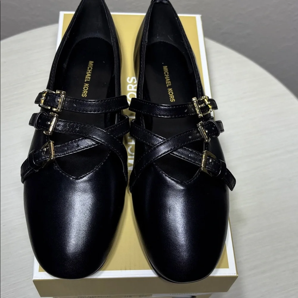 Michael Kors Indy Flex Leather Ballet Flats - Black Mary Jane Style NIBox Size 5 - Picture 4 of 10